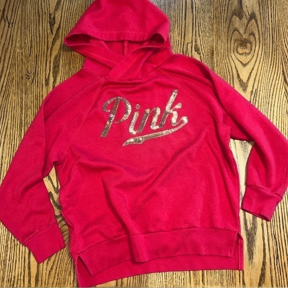 PINK by Victoria’s Secret Spellout Sequin Red Hooded Sweatshirt - Picture 1 of 12